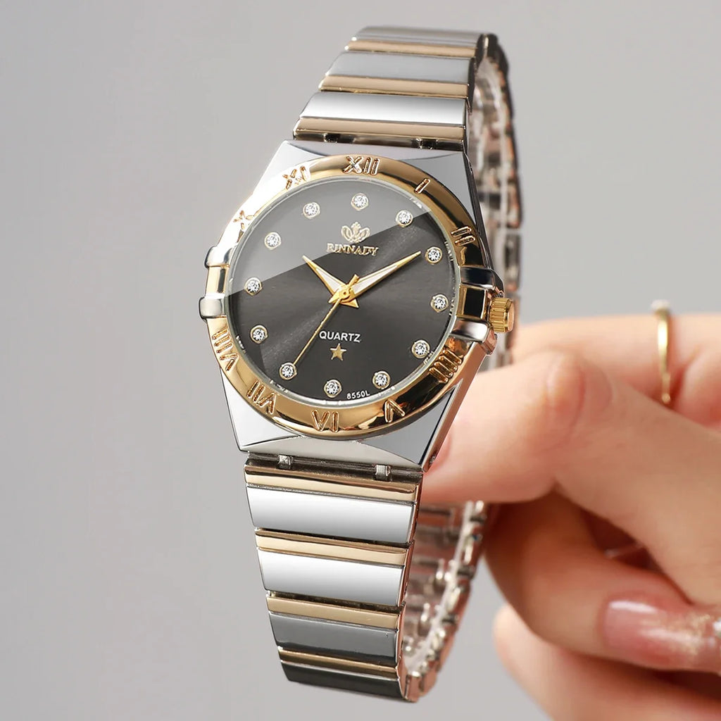 Two Tone Gold Silver Ladies Watch Rhinestone Dial Roman Bezel Ladies Dress Watch Qme