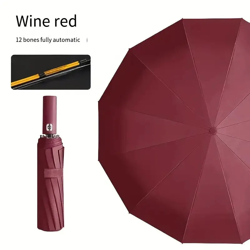 24-Rib Auto Folding Umbrella – Large UV & Rain Canopy Folding Umbrella Qst Wind red 12K Iron
