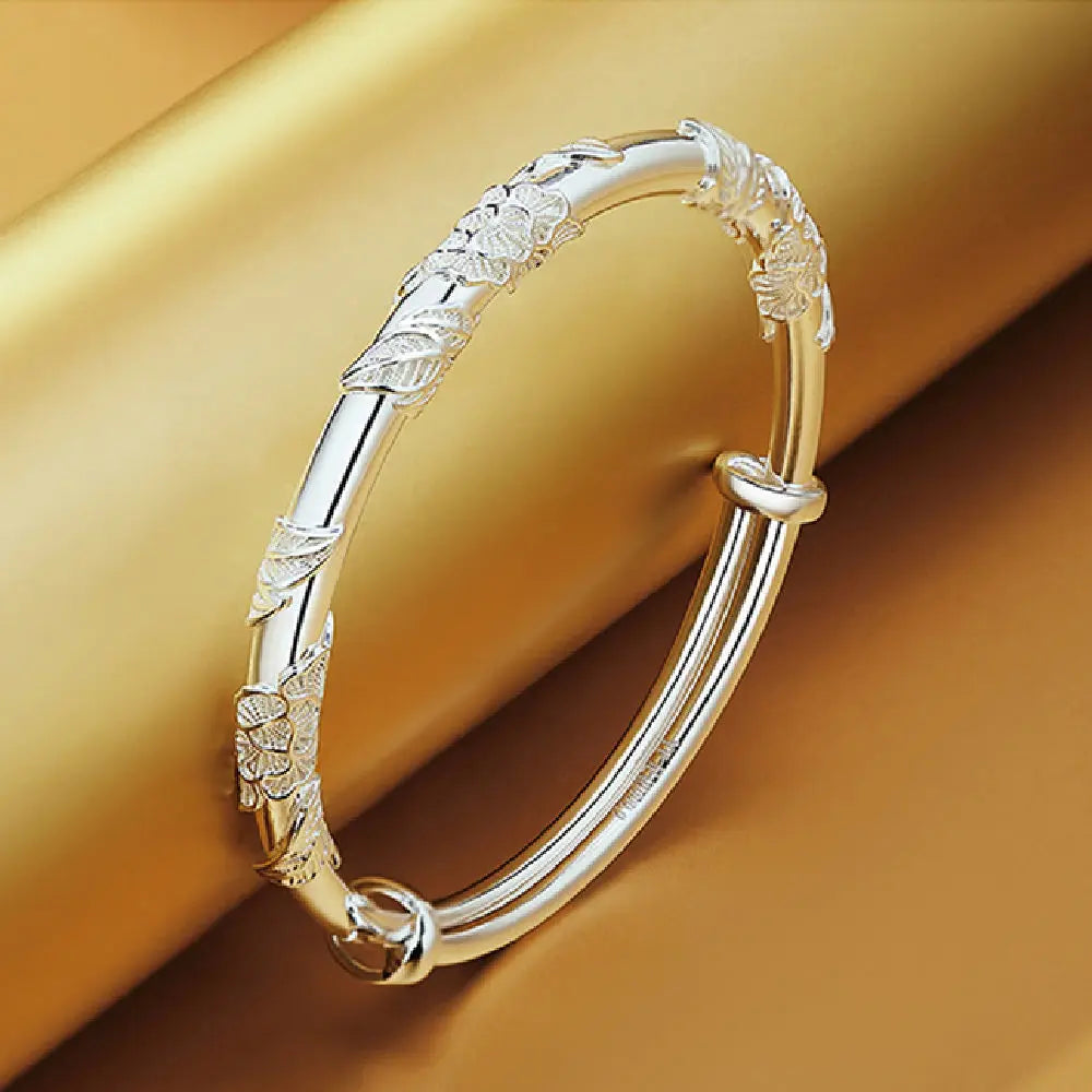 Embossed Floral Silver Plated Adjustable Bangle Bracelet Floral Bangle Bracelet Qme