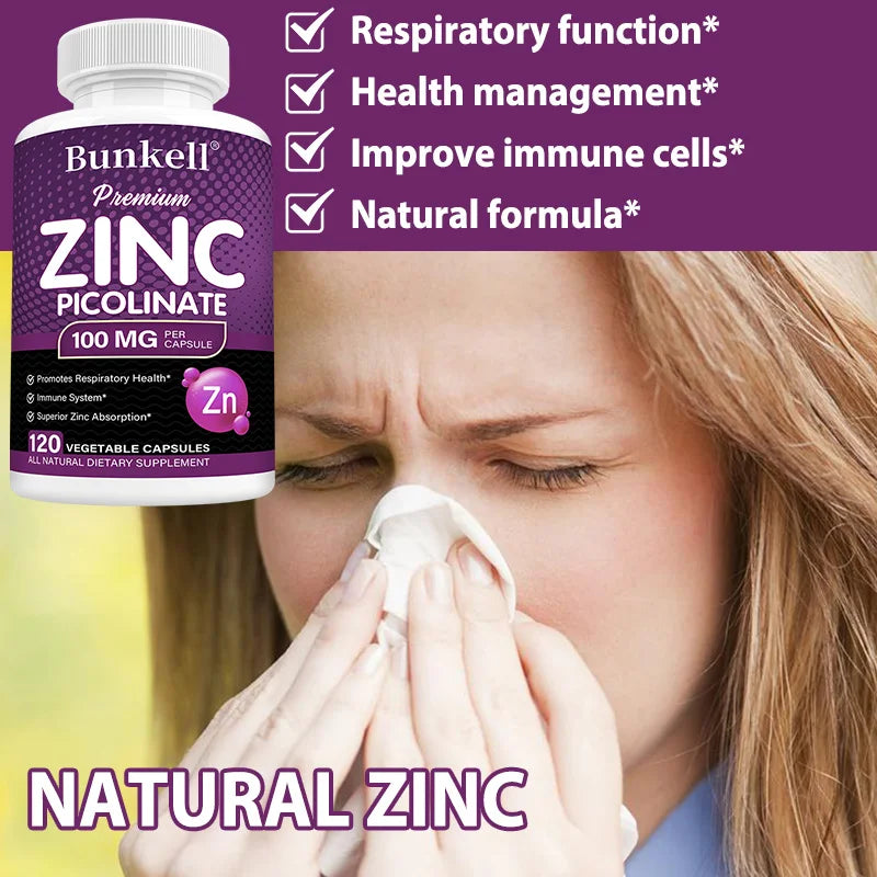 Zinc Picolinate 100mg 120 Capsules – Non-GMO, Vegan | Bunkell Mineral Supplement Qst