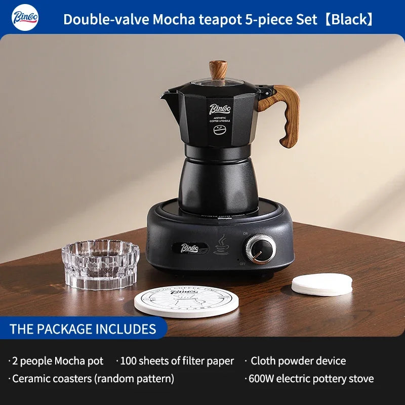 Bincoo Dual Valve Moka Pot Espresso Set with Electric Stove Moka Pot Set Qst 5pcs set black