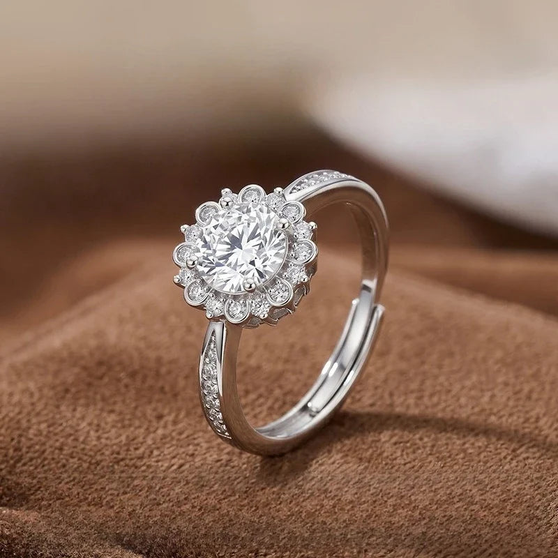Sunflower Halo CZ Engagement Ring – Adjustable Open Band CZ Fashion Ring Qme slivery