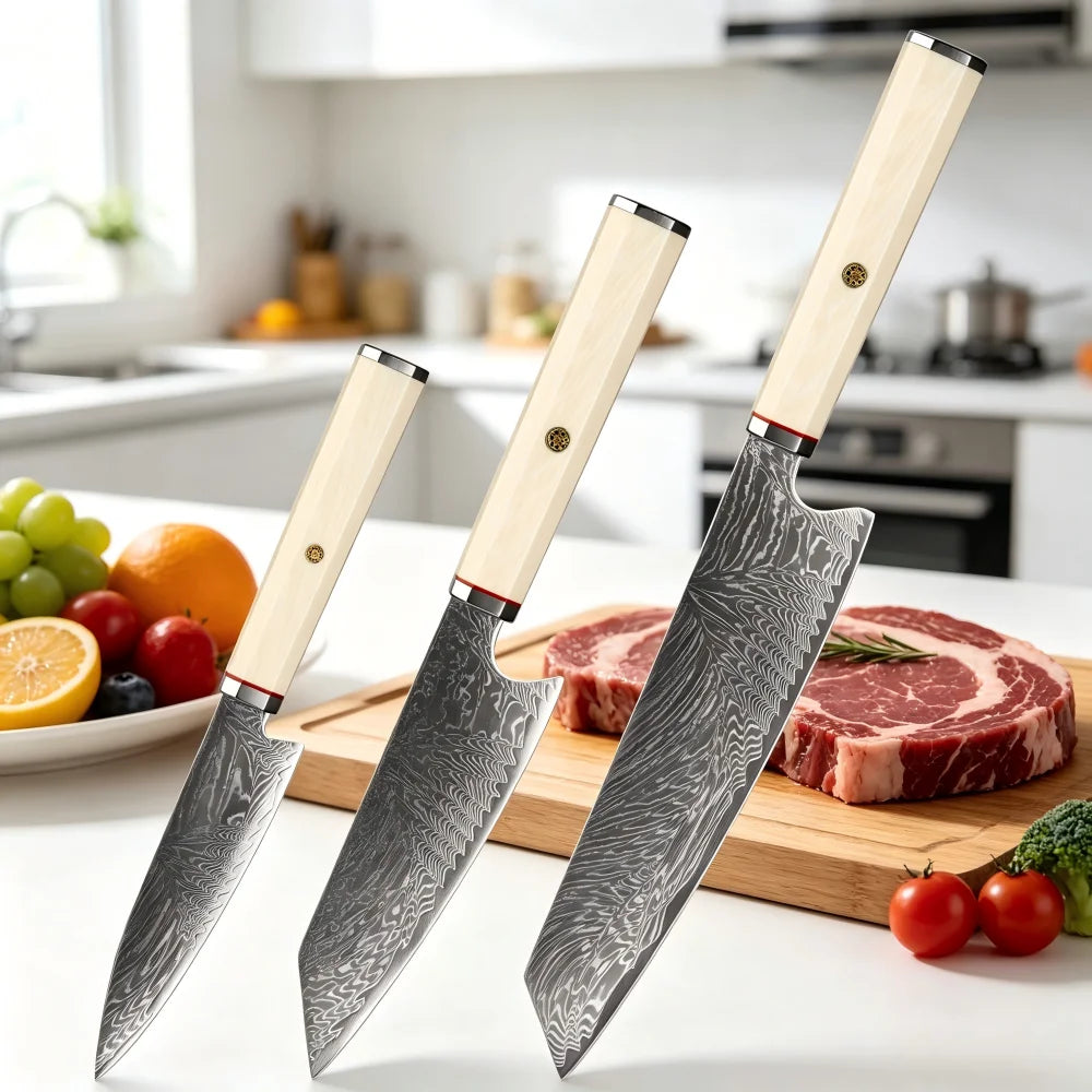 XITUO Damascus Steel Kiritsuke Knife Set – Ivory Handle Kitchen Knife Set Qst
