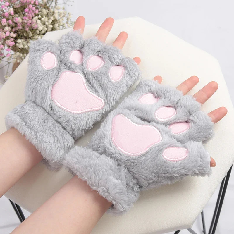 Women's Plush Cat Claw Gloves – Cute Bear Paw Fingerless Mittens Fingerless Novelty Gloves Qme GRAY One Size