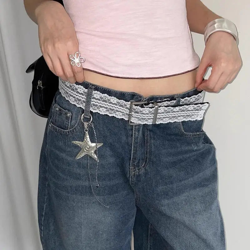 White Floral Lace Waist Belt – Adjustable Women's Waistband Lace Waist Belt Qst