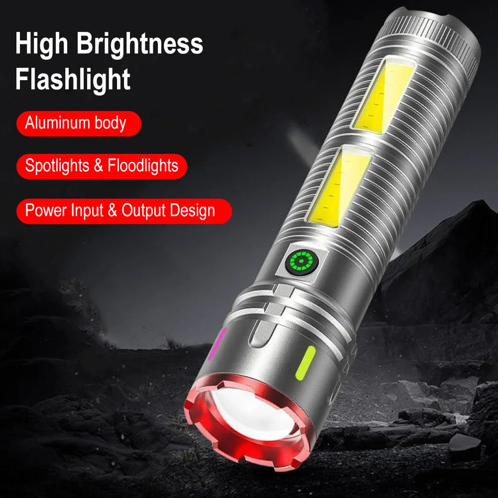BORUiT Zoomable LED Flashlight Type-C Rechargeable, Side COB Light LED Flashlight Qst