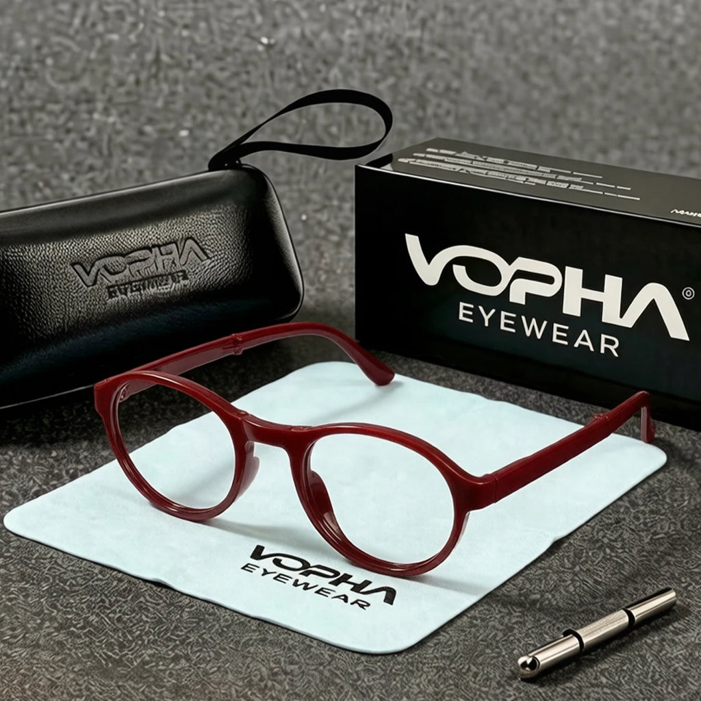 VOPHA Foldable Round Reading Glasses +1.0–+3.0 Blue Light Reading Glasses Qst 100 Red