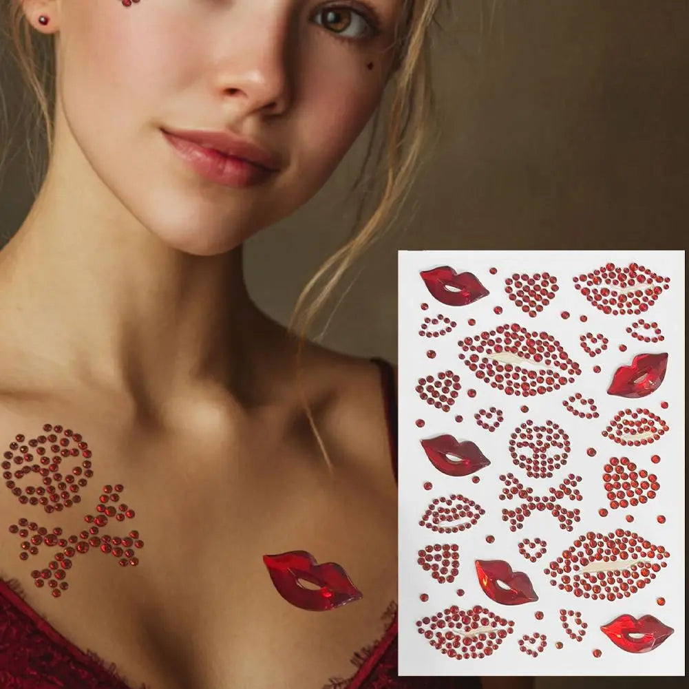 Red Heart Lips Rhinestone Face & Body Glitter Tattoo Stickers Face & Body Gems Qme
