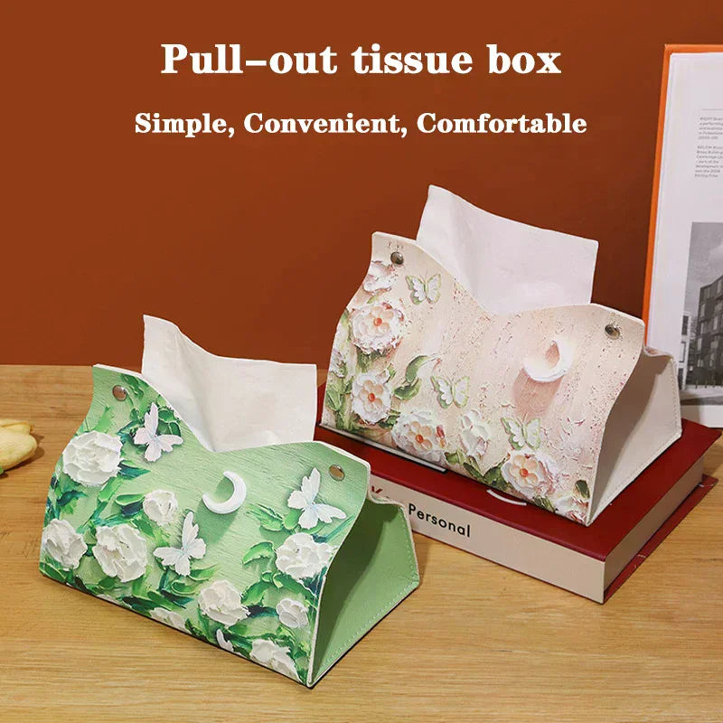 Oil Painting Flowers PU Leather Tissue Box | Decorative Tabletop Decorative Tissue Box Qme
