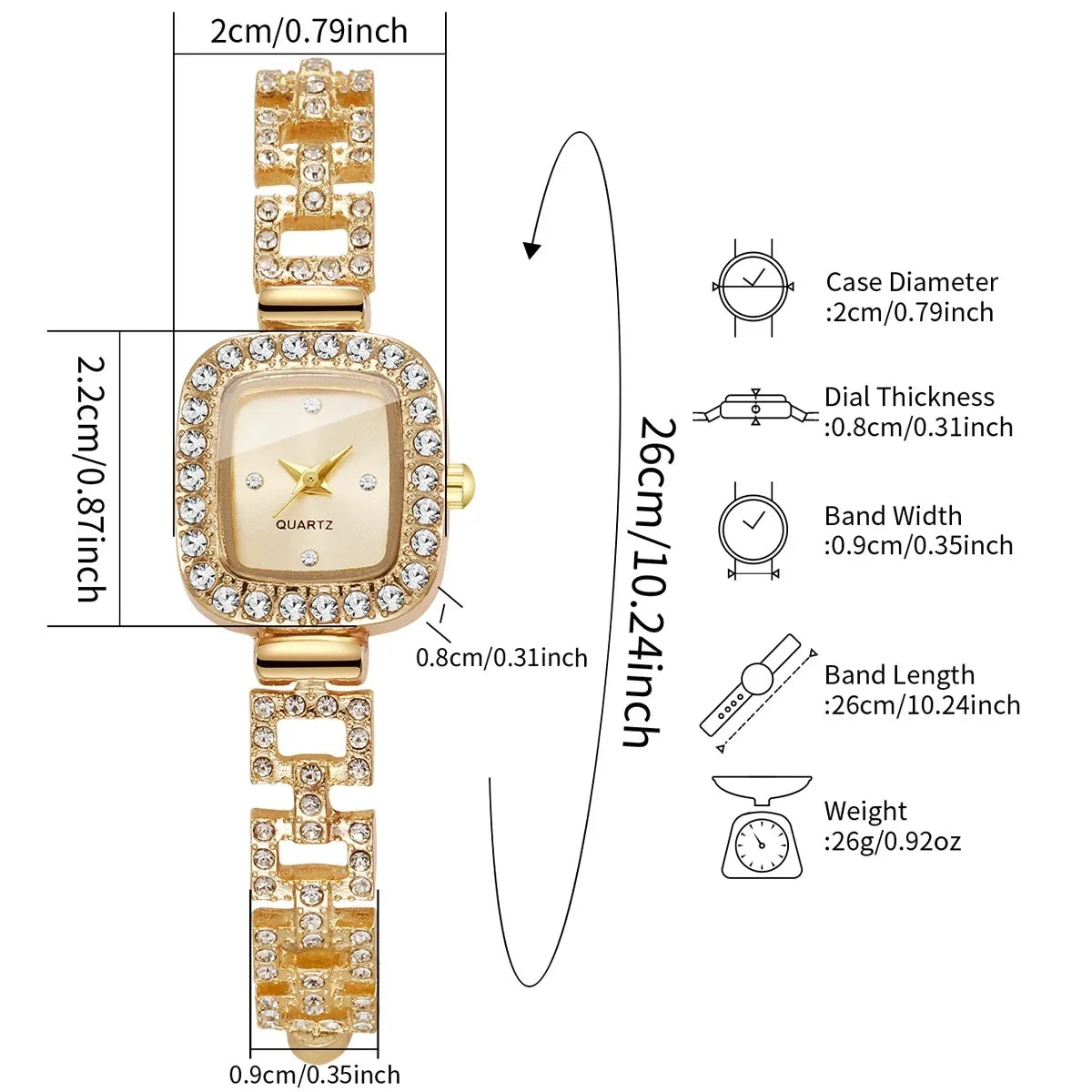 Women's Gold Square Rhinestone Bracelet Quartz Watch Bracelet Watch Qme