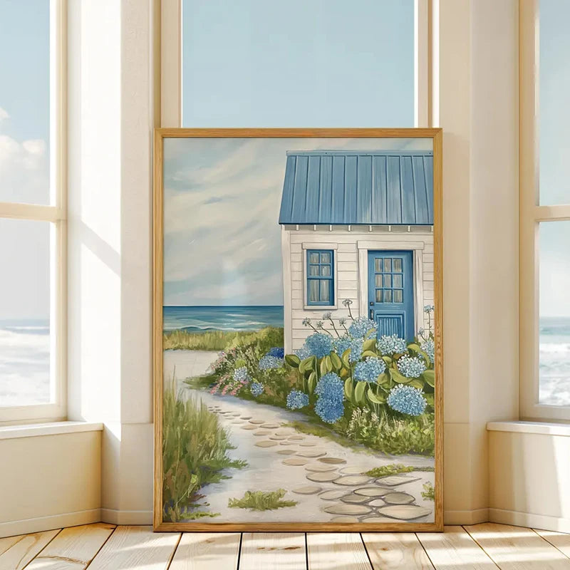 Coastal Sailboat Hydrangea Canvas Wall Art – Blue Beach Print Canvas Wall Art Qst