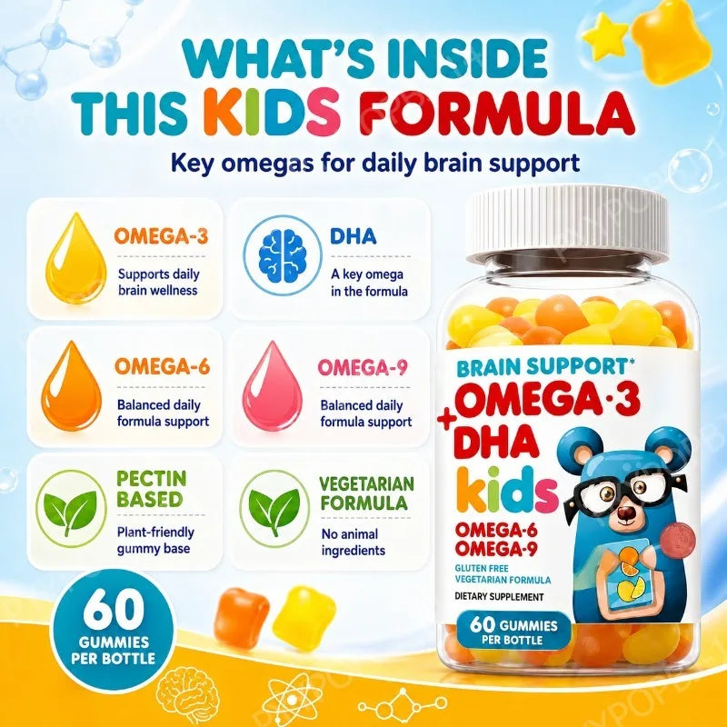 Kids Omega 3 DHA Gummies – Algae & Chia Oil, 60ct Vegetarian Kids Vitamin Gummies Qst