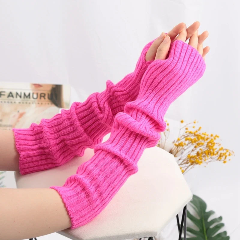Women Long Fingerless Gloves Lolita Kawaii Knit Arm Warmers Fingerless Arm Warmers Qme Rose Red length-52cm