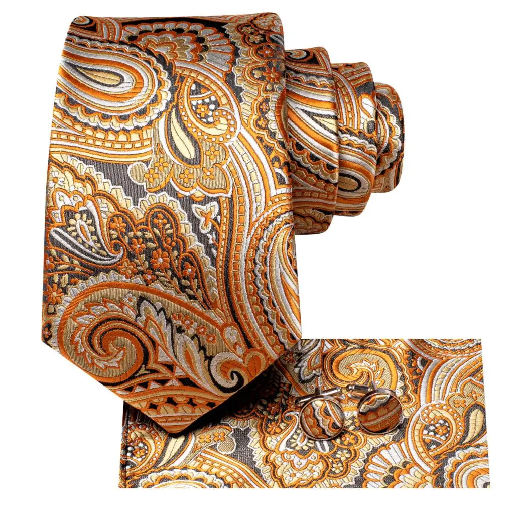 Hi-Tie Men's Orange Grey Paisley Silk Necktie Gift Set Necktie Gift Set Qme