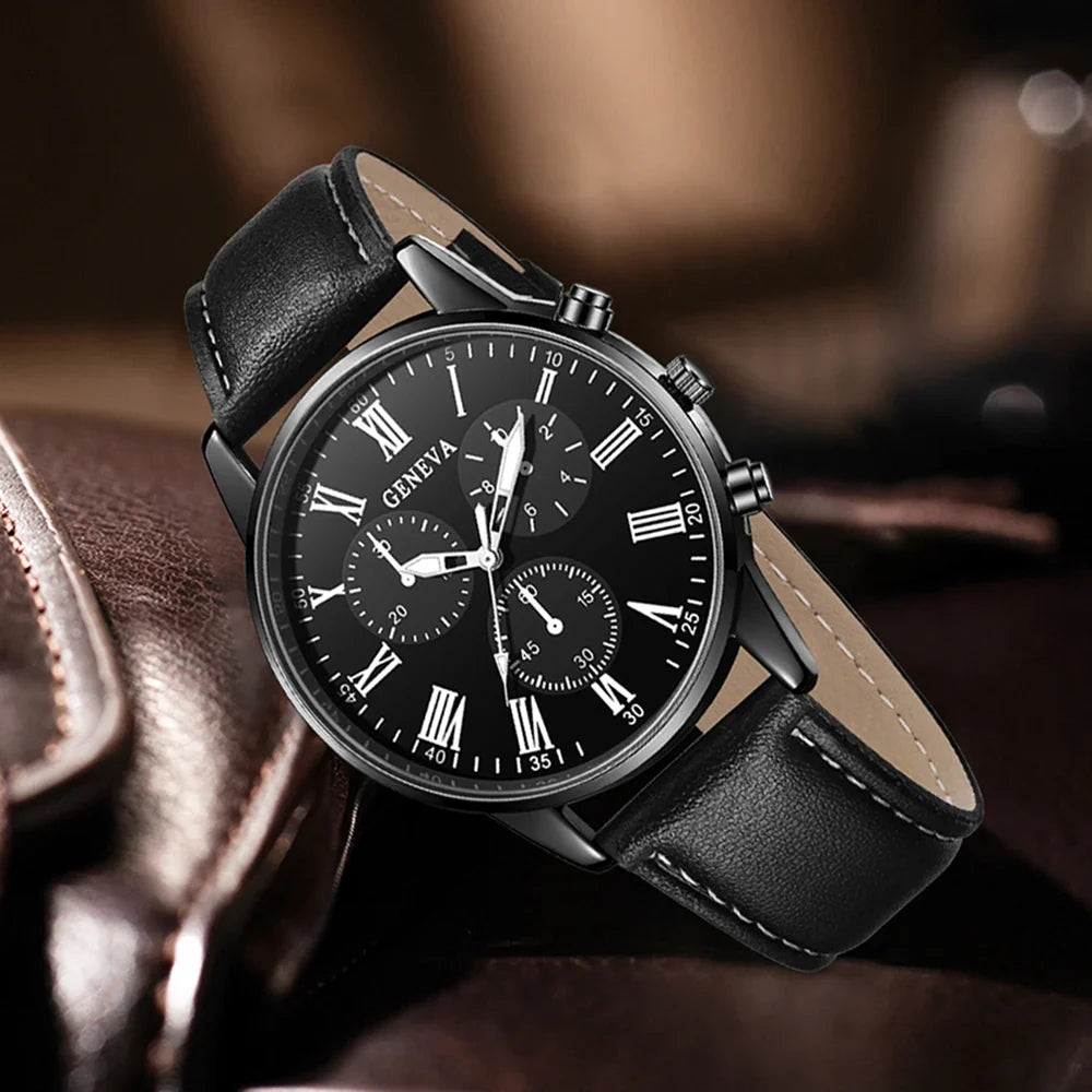 Men's Chronograph Watch & Jewelry Set – Black Leather Strap Chronograph Watch Set Qme