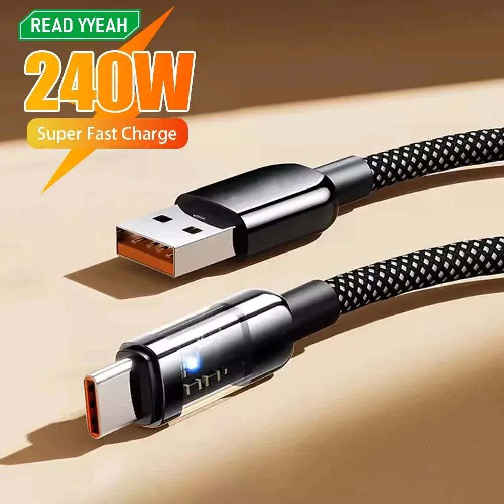 240W USB-C Fast Charging Cable 10A Nylon Braided Transparent USB-C Charging Cable Qme