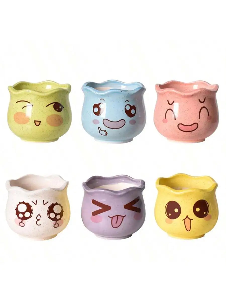 Cartoon Cute Ceramic Succulent Pots with Drainage – Set of 6 Ceramic Succulent Pots Qme