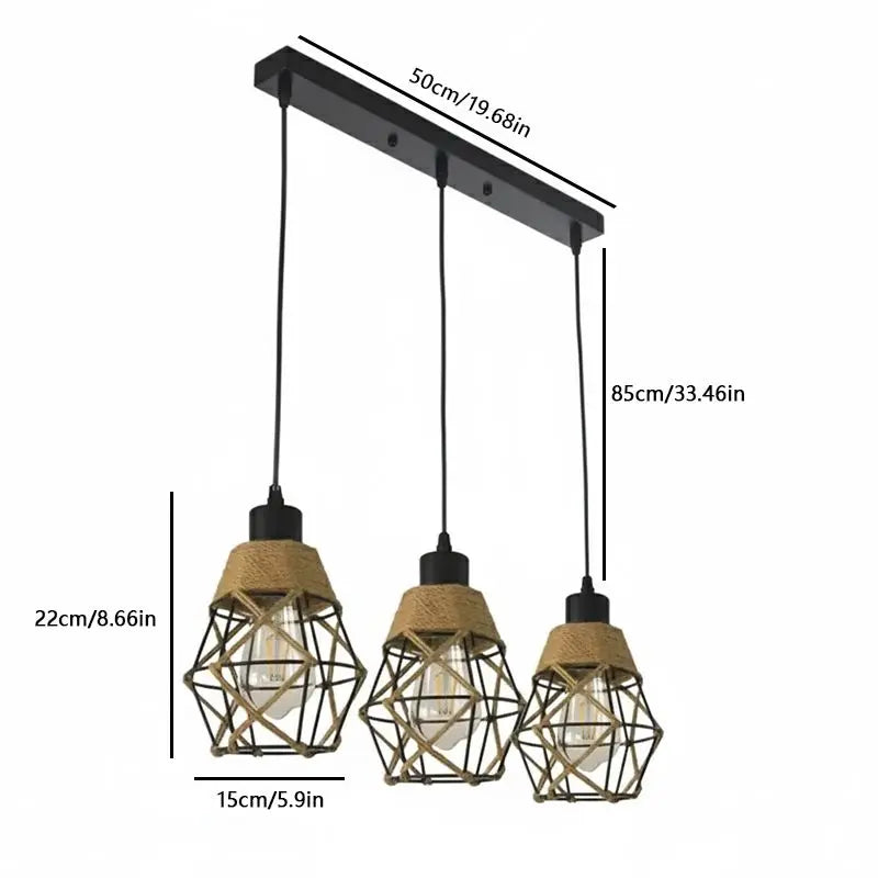 Vintage Hemp Rope Pendant Light – Retro Industrial Lamp Pendant Light Qme 3light-Long