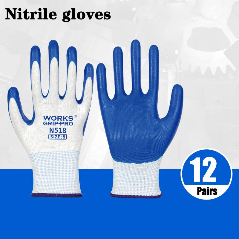 12-Pair Nitrile Work Gloves – Wear-Resistant Safety Gloves Safety Work Gloves Qst Blue