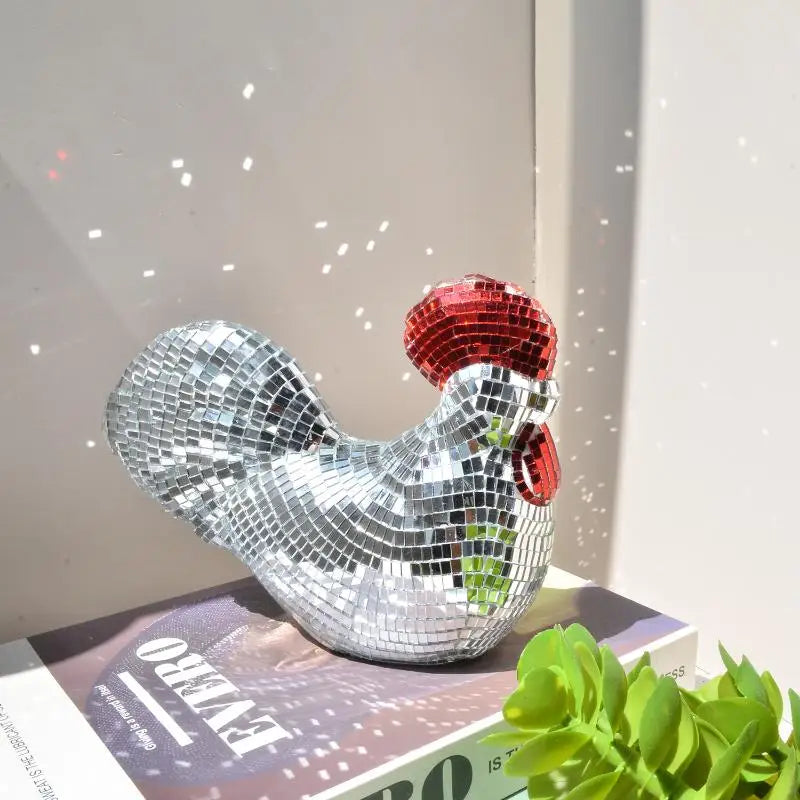 Mirror Disco Ball Rooster Sculpture – Decorative Chicken Statue Decorative Sculpture Qme