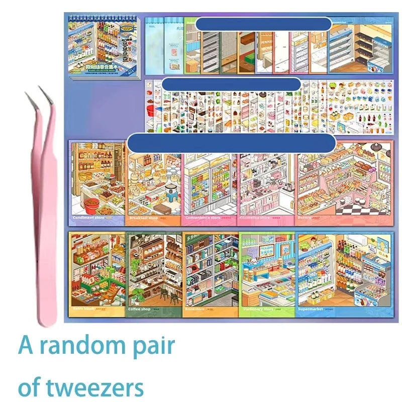 3D Creative Sticker Book with Tweezers – DIY Miniature Scene Kit DIY Sticker Craft Kit Qme A