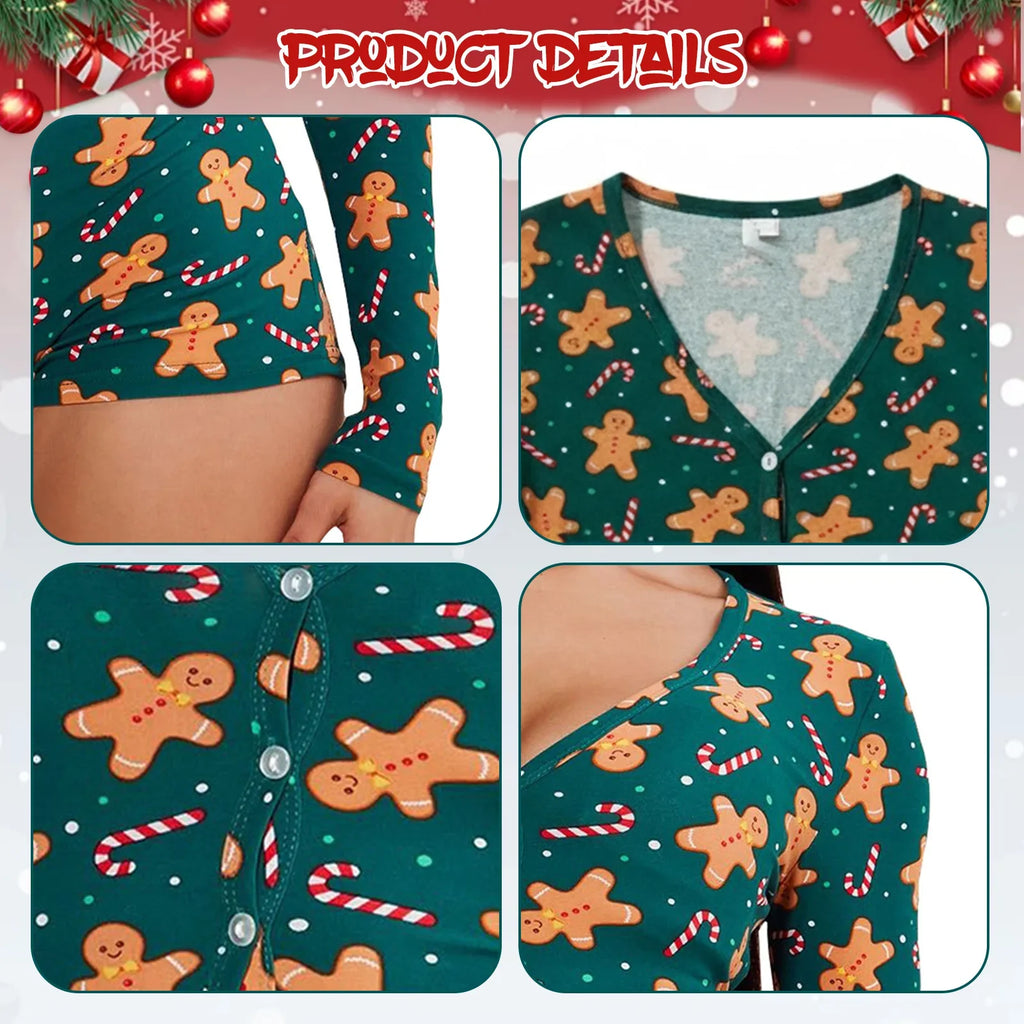 Women's Christmas Gingerbread Long Sleeve Jumpsuit Romper Holiday Costume Jumpsuit Qme