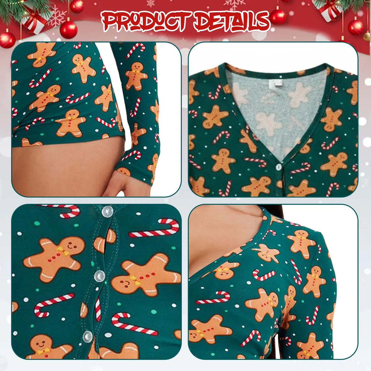 Women's Christmas Gingerbread Long Sleeve Jumpsuit Romper Holiday Costume Jumpsuit Qme
