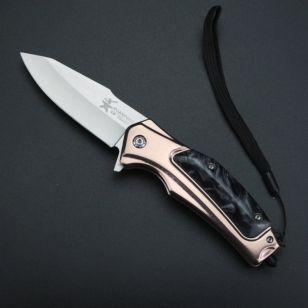 XUAN FENG Golden Folding Knife – D2 Steel Camping Pocket Blade Folding Pocket Knife Qst