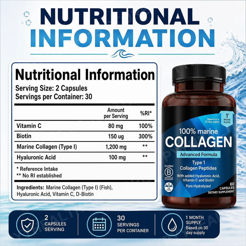 Marine Collagen Capsules – Type I Peptides, Hyaluronic Acid, 60ct Collagen Supplement Qst