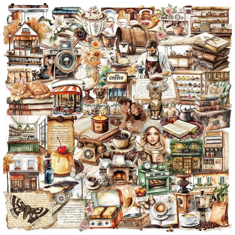 Retro Coffee Clip Stickers – Waterproof Aesthetic PET (50pcs) Decorative Stickers Qme Default Title