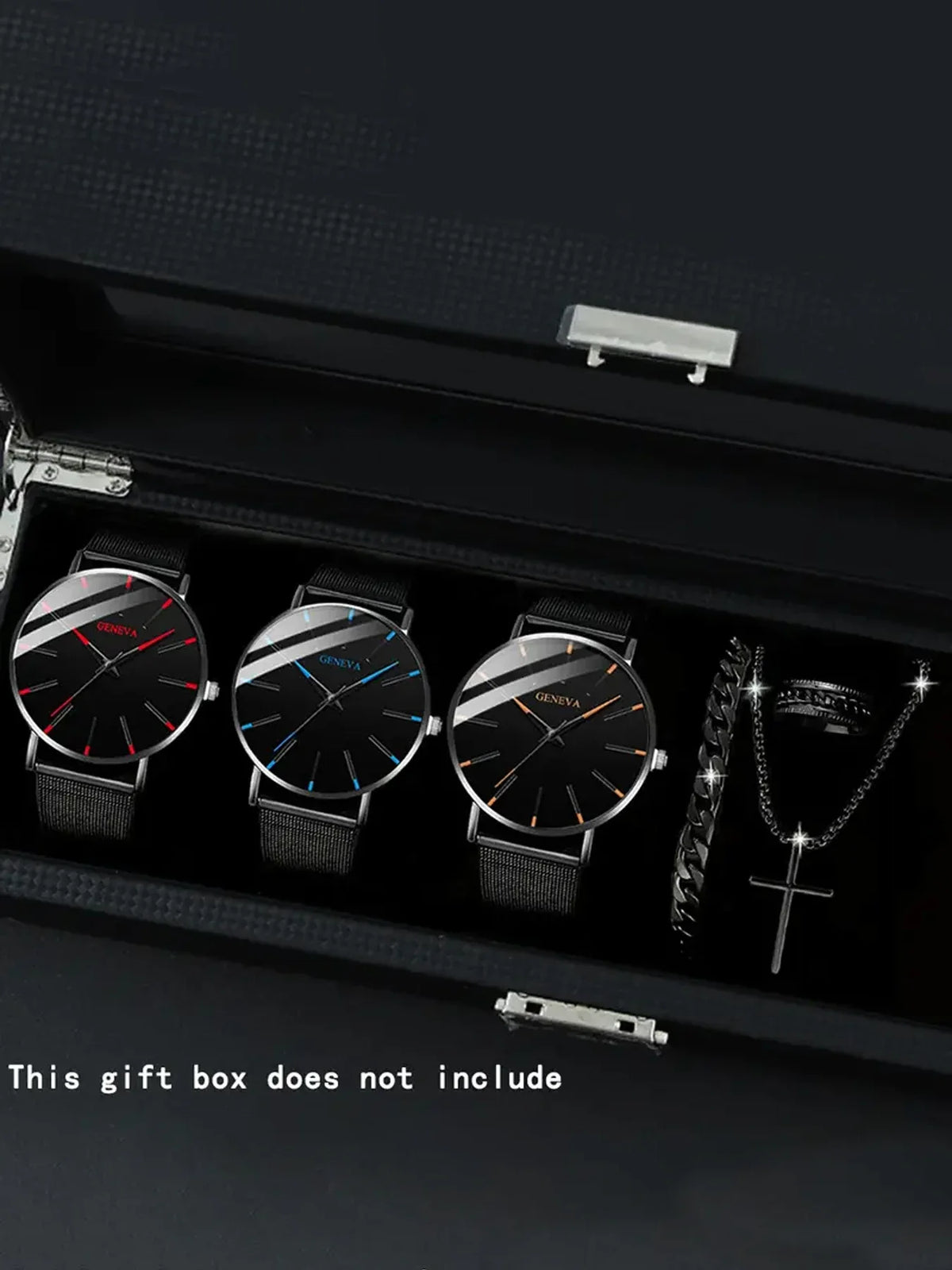 Geneva Mesh Band Watch, Cross Necklace & Textured Ring Set for Men Men's Jewelry Set Qme 6pcs