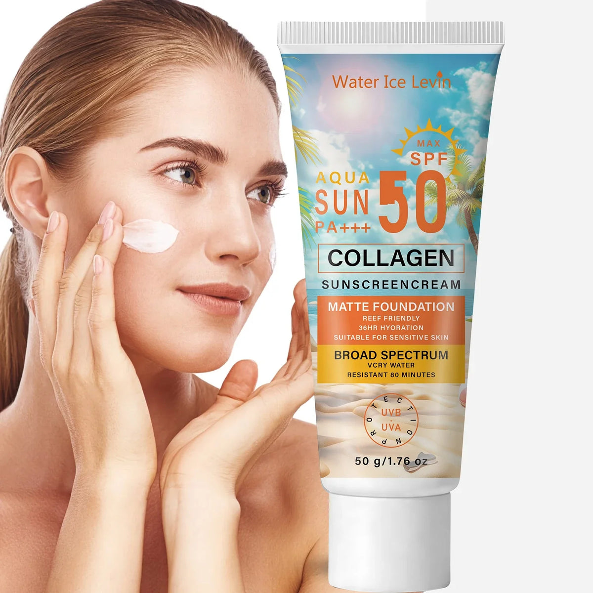 SPF50 PA+++ Collagen Sunscreen – 36HR Hydrating, Water Resistant Collagen Sunscreen Qme