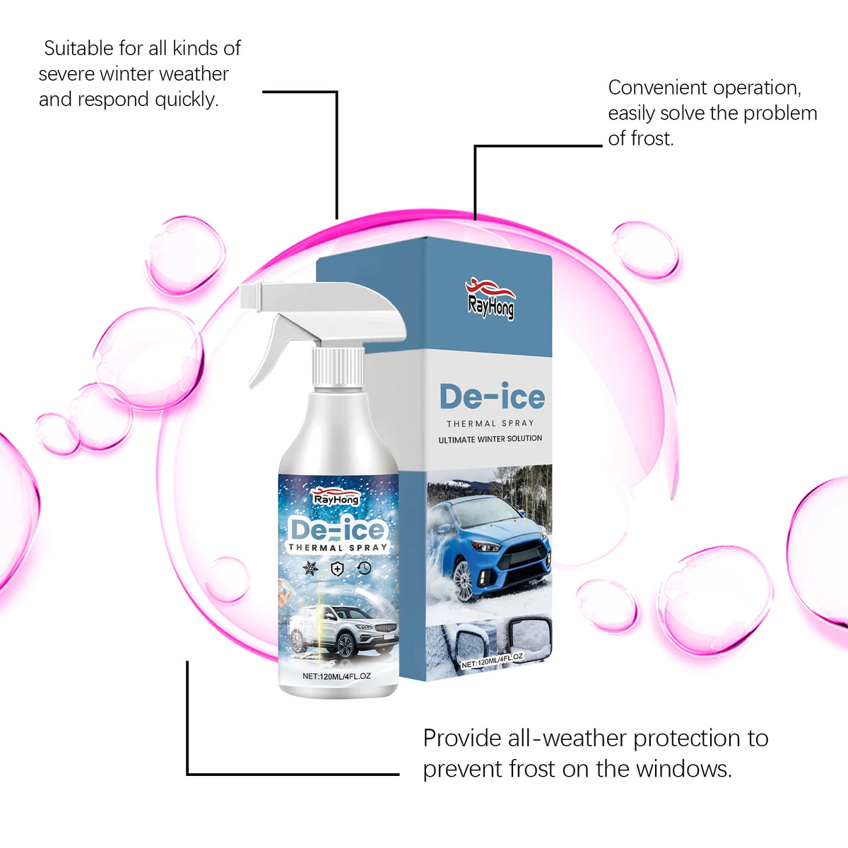 Rayhong 120ml Car De-Icer Spray – Fast Windshield Ice Melt Car De-Icer Spray Qst