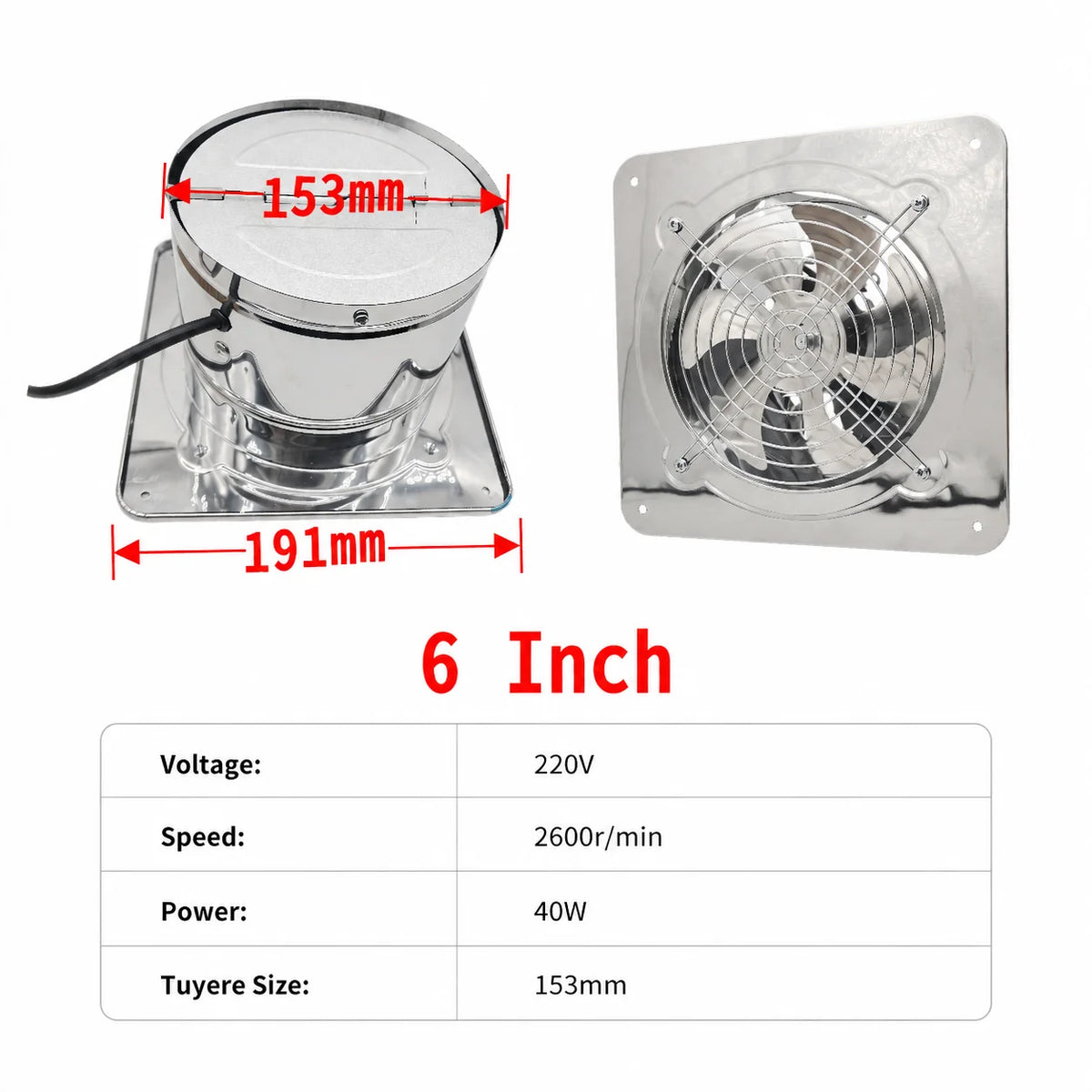 ZARTSEN Stainless Steel Silent Wall Exhaust Fan – Waterproof Vent Wall Exhaust Fan Qst 6inch 220V-240V EU Plug