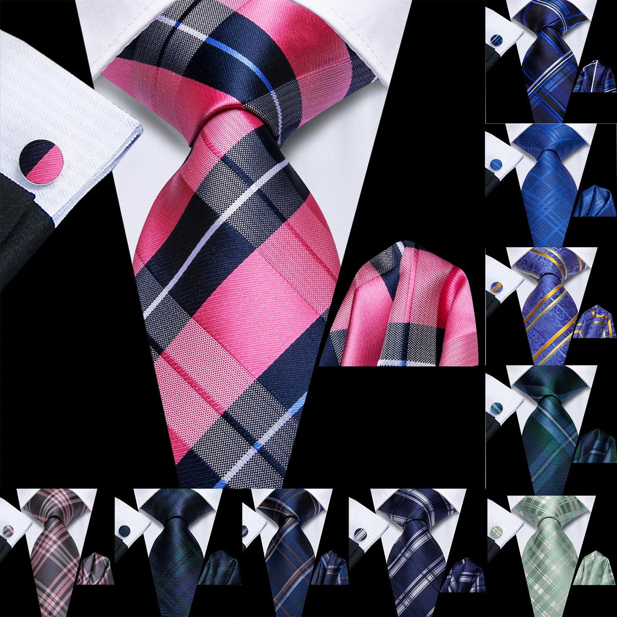 Hi-Tie Men's Silk Necktie Handkerchief Cufflinks Set – Pink Green Silk Necktie Set Qme