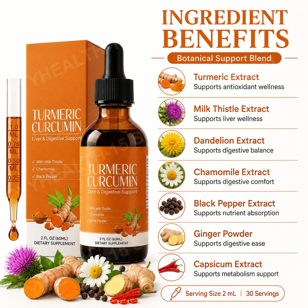 Turmeric Curcumin & Milk Thistle Liquid Drops | 2 Fl Oz Herbal Liquid Supplement Qst