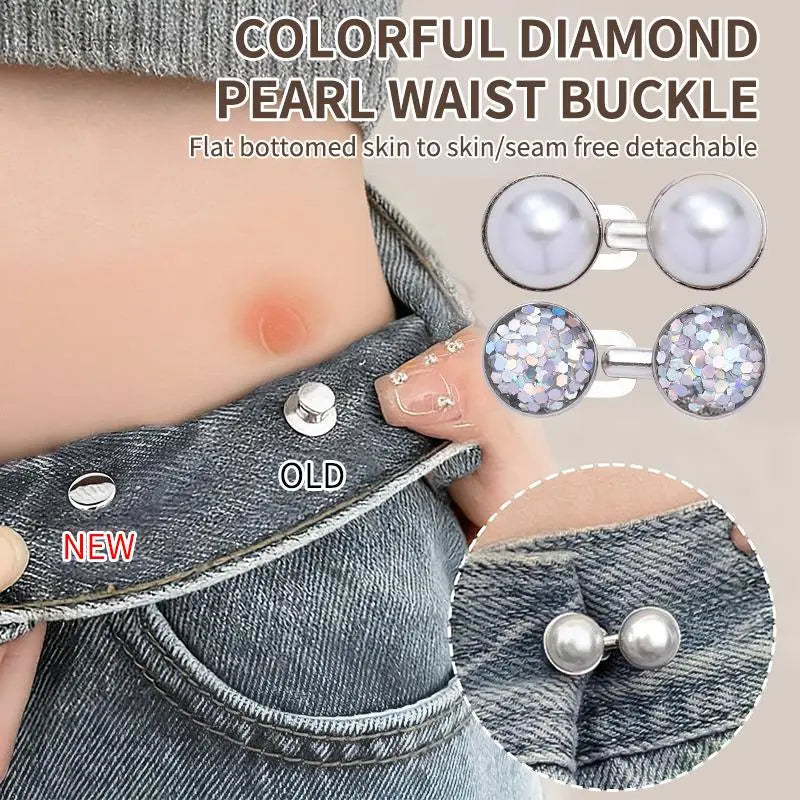 Rhinestone Pearl Adjustable Jean Waist Buckle Buttons – 4 Colors Waist Buckle Clip Qme