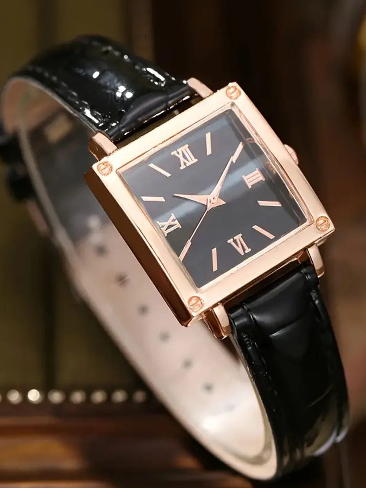 Women's Square Leather Watch Set – Rhinestone 5-Piece Fashion Fashion Watch Set Qme