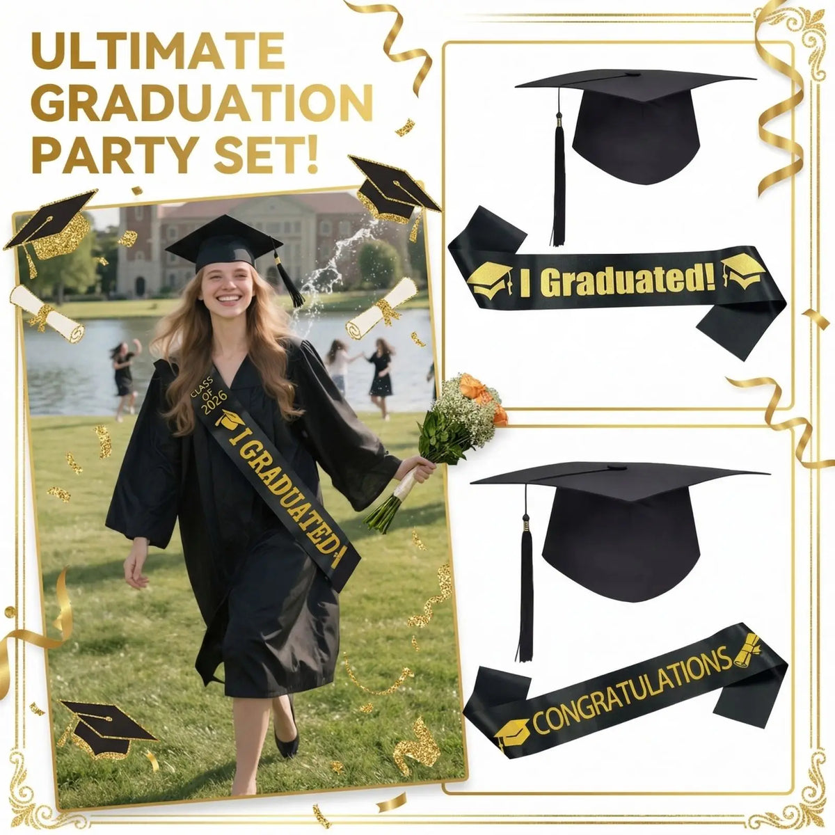 Unisex Graduation Cap & Sash Stole Set | College & School Graduation Sash Set Qme