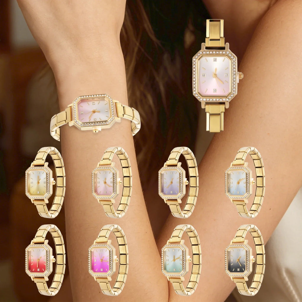 Y2K Zircon Square Watch – Women's Stainless Steel Colored Dial Bracelet Watch Qme