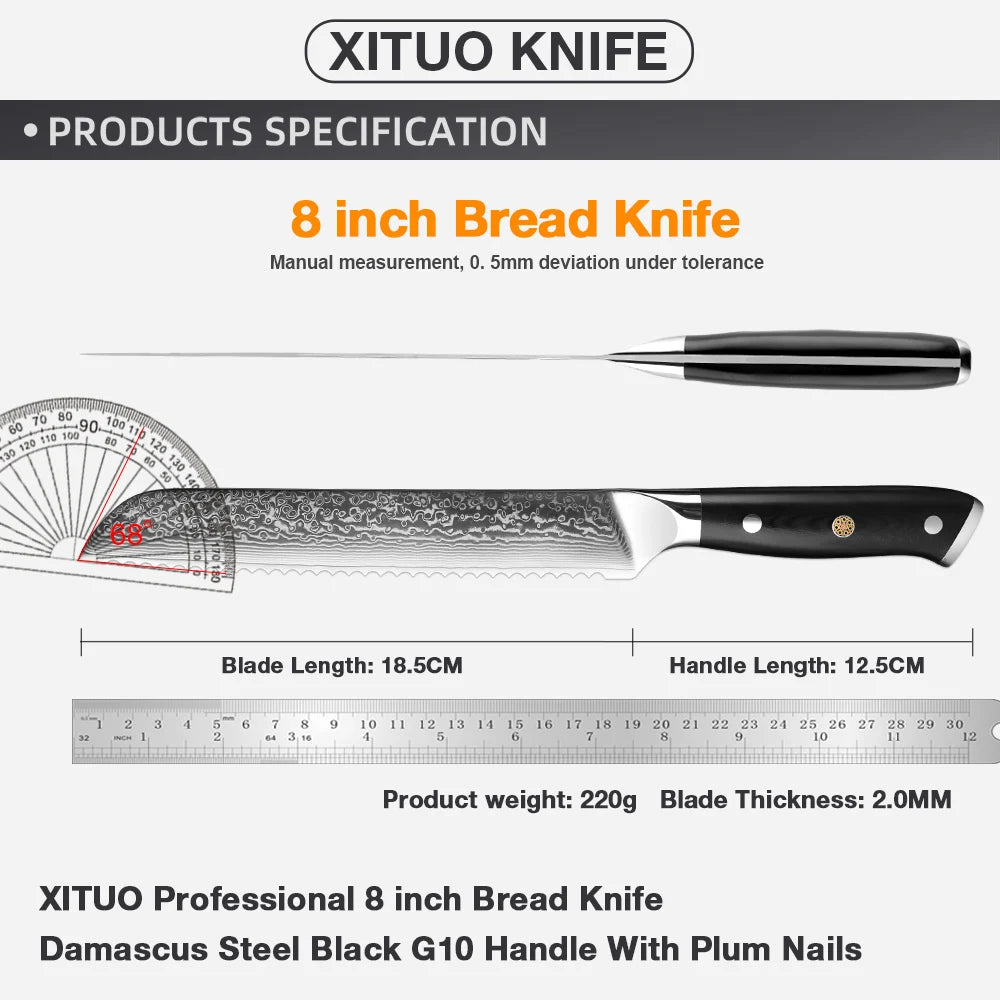 XITUO Damascus Serrated Bread Knife – VG10 Japanese Steel Serrated Bread Knife Qst