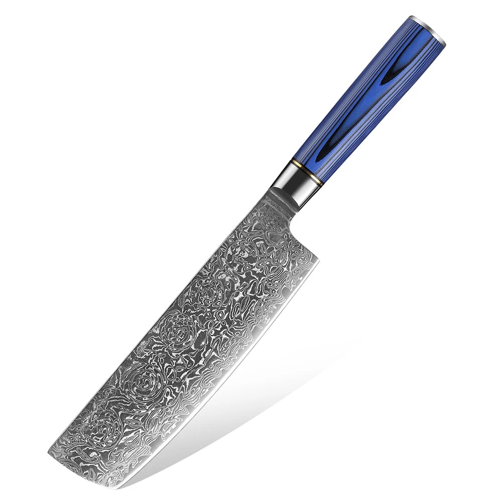 XITUO Damascus Steel Kitchen Knife Set – Blue G10 Handle Damascus Knife Set Qst Nakiri Knife