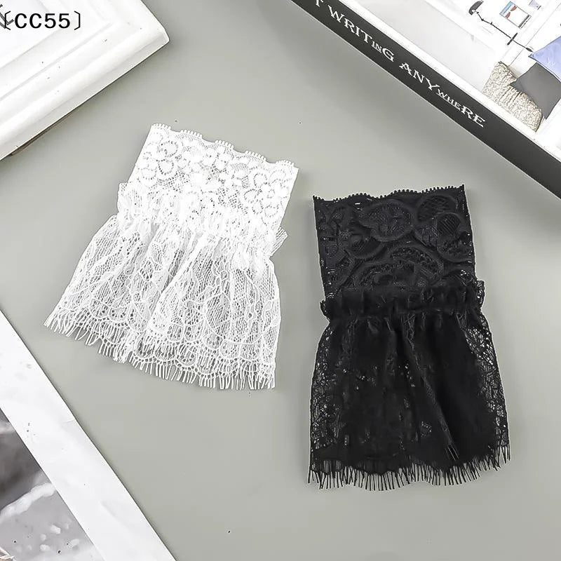 Women's Lace Fake Arm Sleeves Tassel Pleated Cuffs – White & Black Lace Arm Sleeves Qst