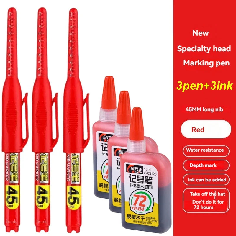 Waterproof Deep Hole Marker Pen – Long Nib Carpenter Pen Carpenter Marker Pen Qme red 3pen 3ink