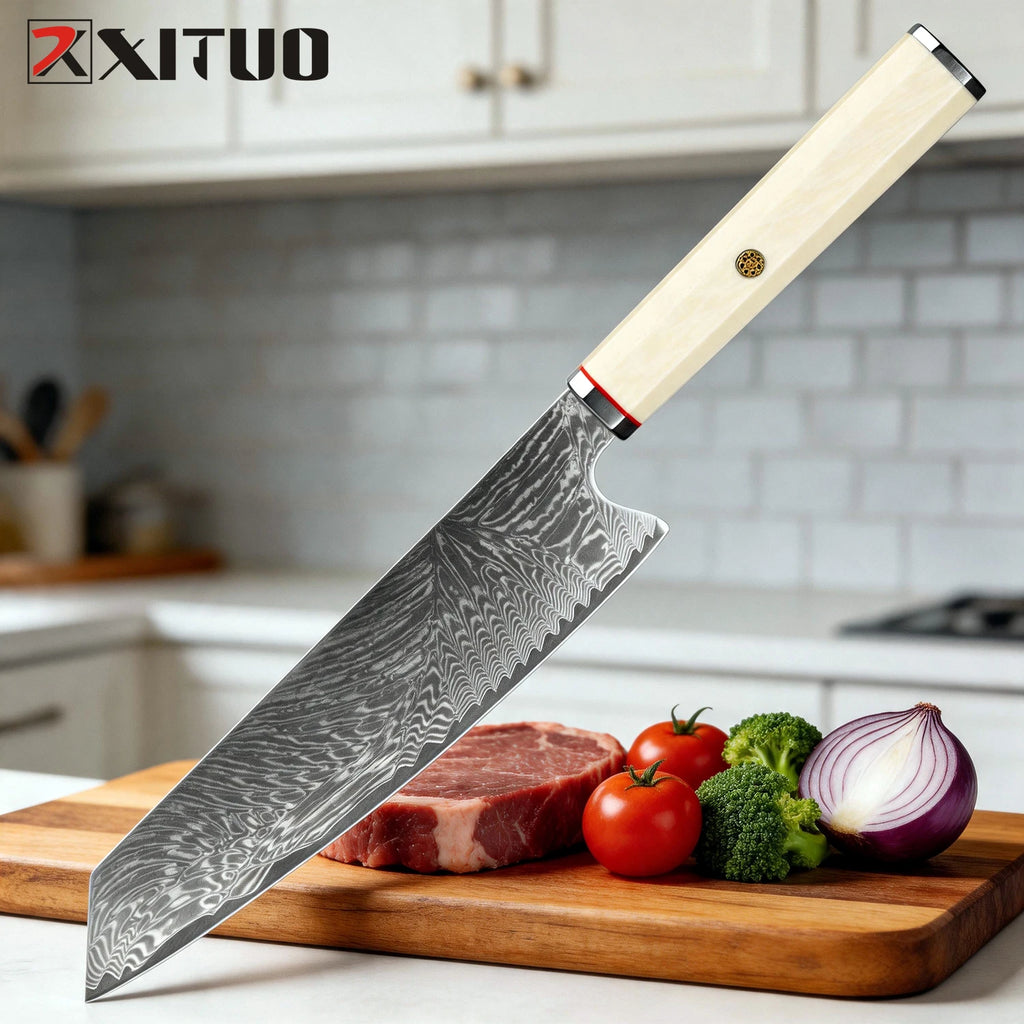 XITUO 8" Damascus Steel Kiritsuke Gyuto Chef Knife | Ivory Handle Damascus Chef Knife Qst