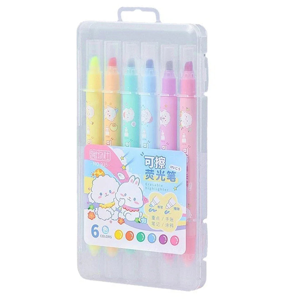 6-Color Double-Ended Erasable Highlighters | Kawaii Stationery Erasable Highlighter Set Qme 6 colors