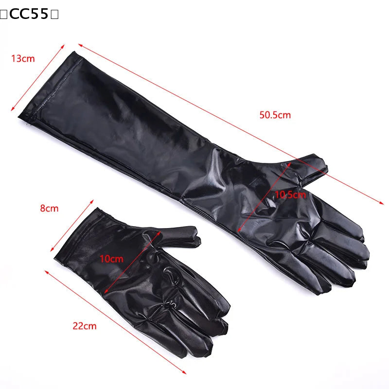 Metallic PU Leather Long Gloves – Punk Cosplay Dance Accessory Costume Gloves Qst