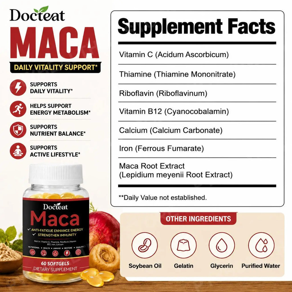 Docteat Maca Root Extract Softgels – Vitamins C B1 B2 B12, 60ct Wellness Supplement Qst