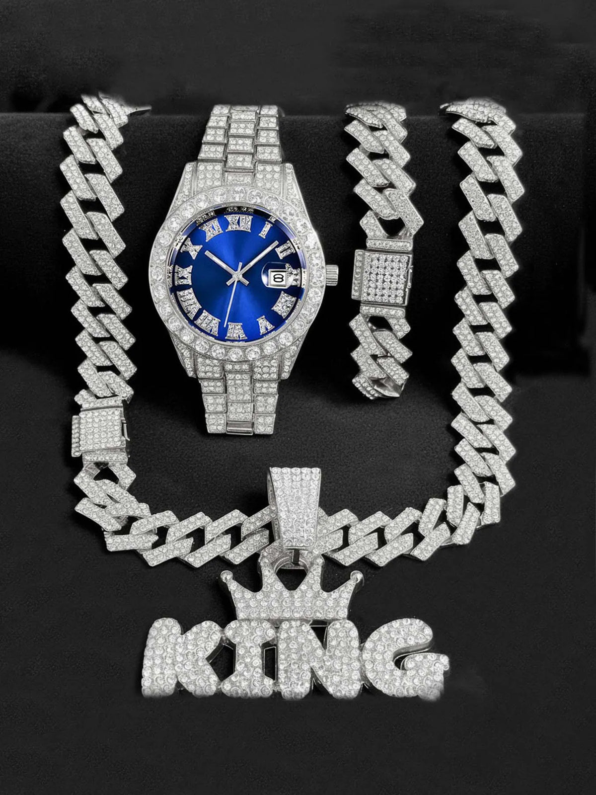 Crown King Hip Hop Diamond Necklace Steel Belt Quartz Watch Hip Hop Necklace Watch Qme Multicolor