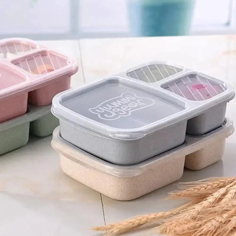 Wheat Straw Lunch Box 3-Grid with Lid | Microwave Safe, 1000ml Lunch Box Qme